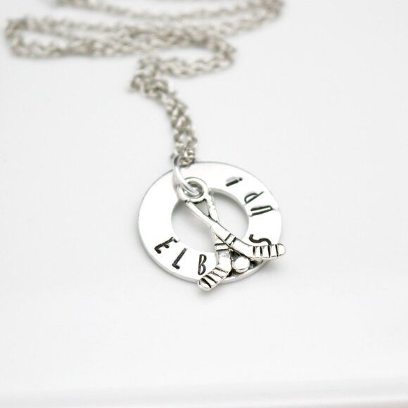 Elbows Up! Hockey Hand Stamped Pendant Necklace - Handmade & Hypoallergenic - Picture 6 of 10
